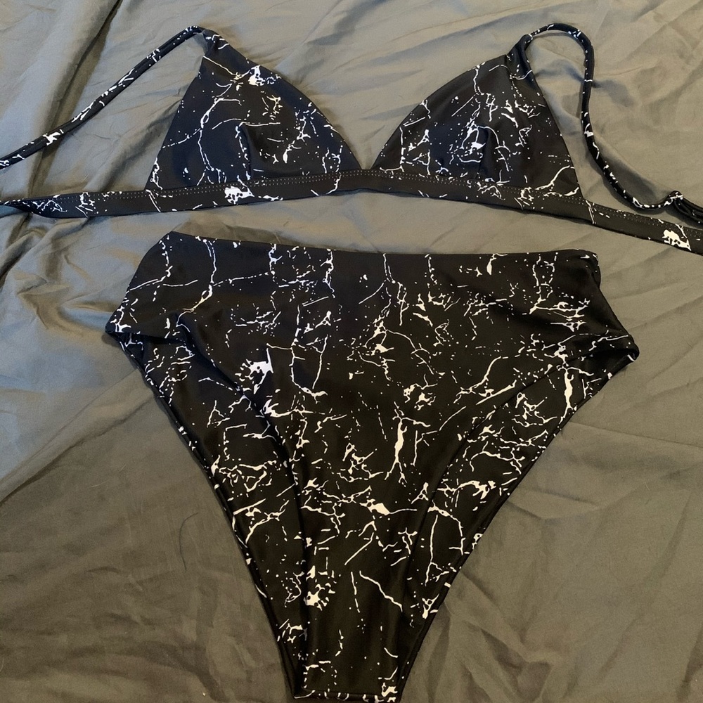 black marble high waisted bikini